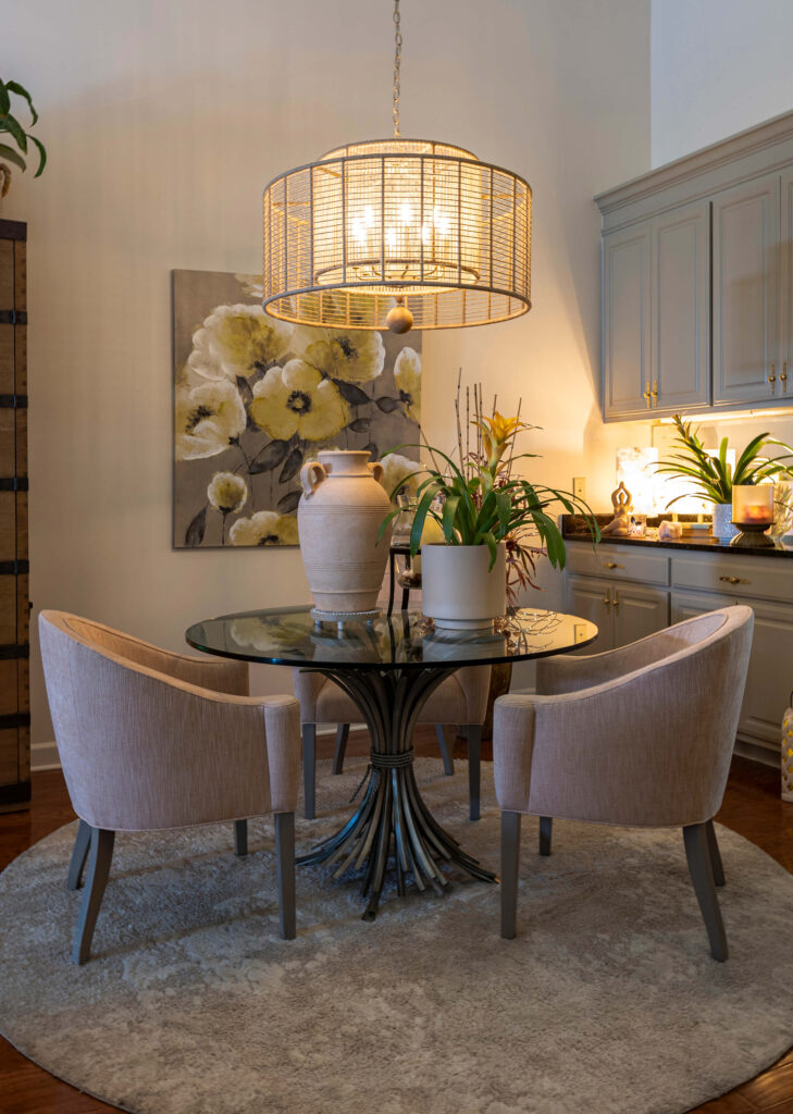 Potted plants and organic shapes match earthy color palettes.